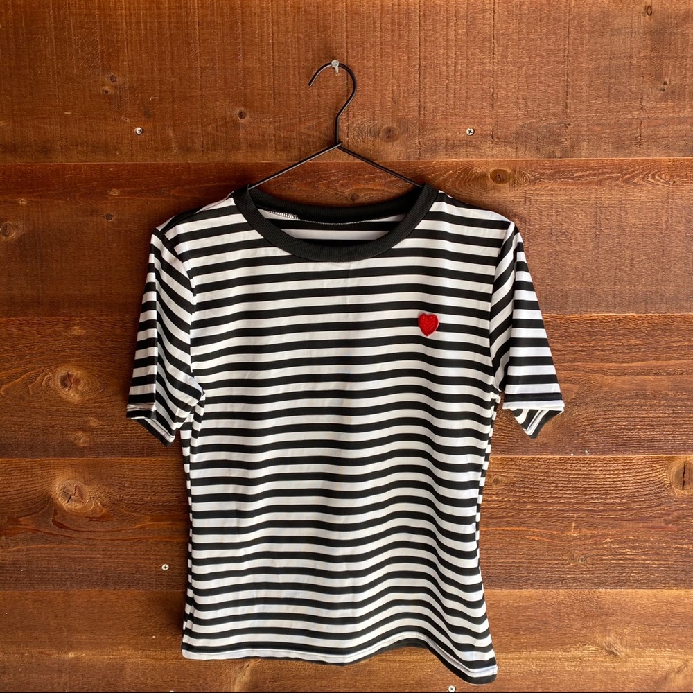 NWOT Black and white striped Tee with heart detail